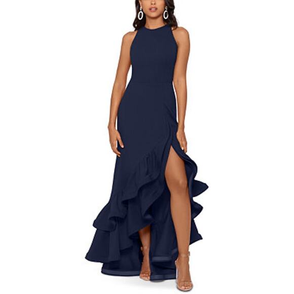BETSY & ADAM navy Ruffle gown prom Hem Dress size 6P - Picture 1 of 8